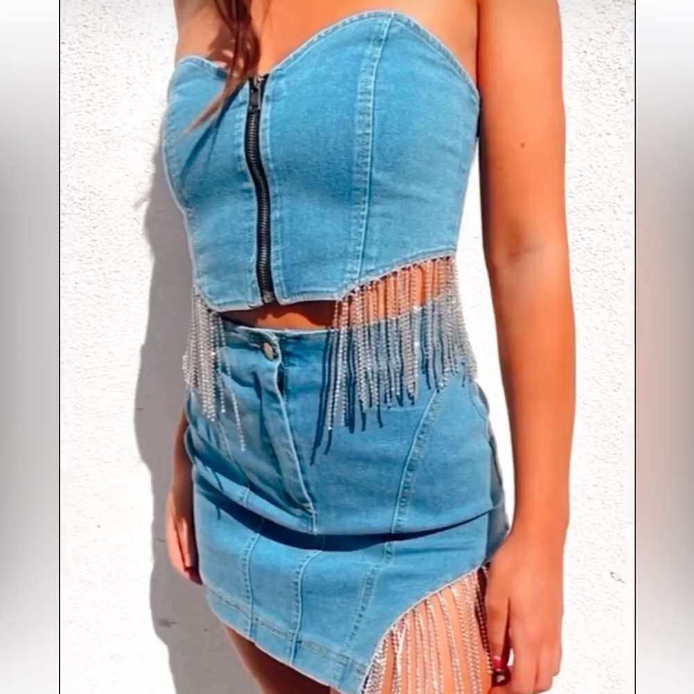 Trendy and tipsy denim rhinestone matching skirt set. Size small
